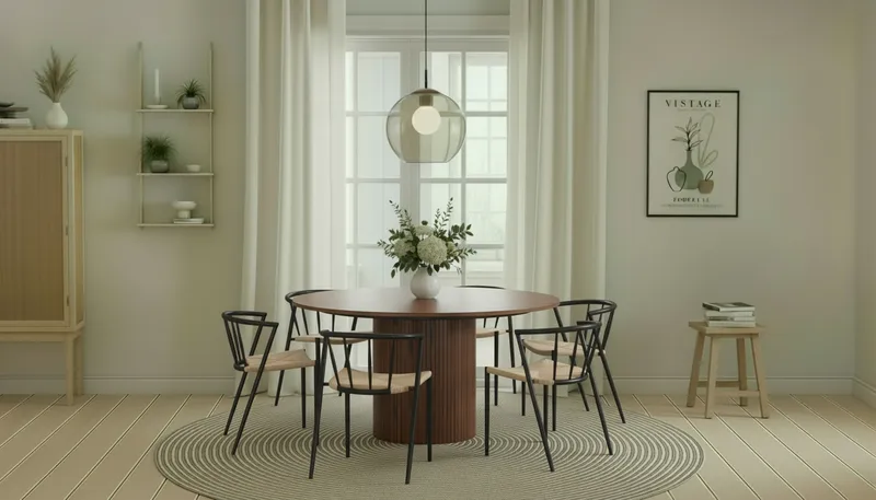 Kopparbo Rundt Spisebord 150 cm med 6 Winston Spisestole - Valnød / Beige / Metalben Sort - Møbler - Borde - Spisebordssæt