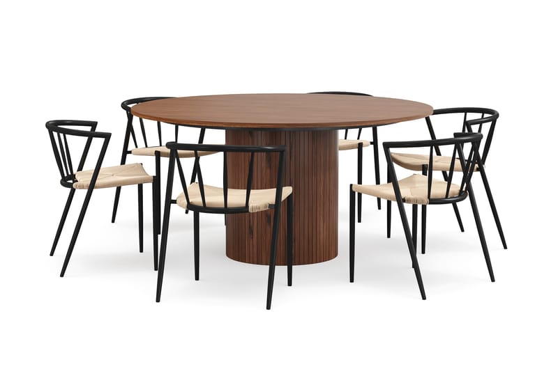 Kopparbo Rundt Spisebord 150 cm med 6 Winston Spisestole - Valnød / Beige / Metalben Sort - Møbler - Borde - Spisebordssæt