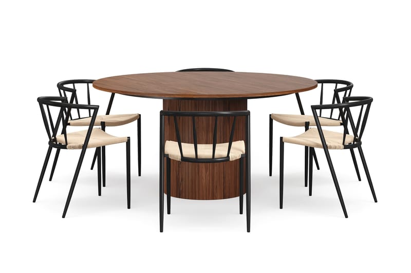 Kopparbo Rundt Spisebord 150 cm med 6 Winston Spisestole - Valnød / Beige / Metalben Sort - Møbler - Borde - Spisebordssæt