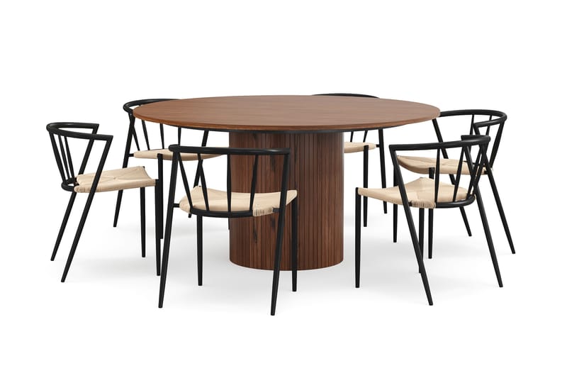 Kopparbo Rundt Spisebord 150 cm med 6 Winston Spisestole, Valnød / Beige / Metalben Sort