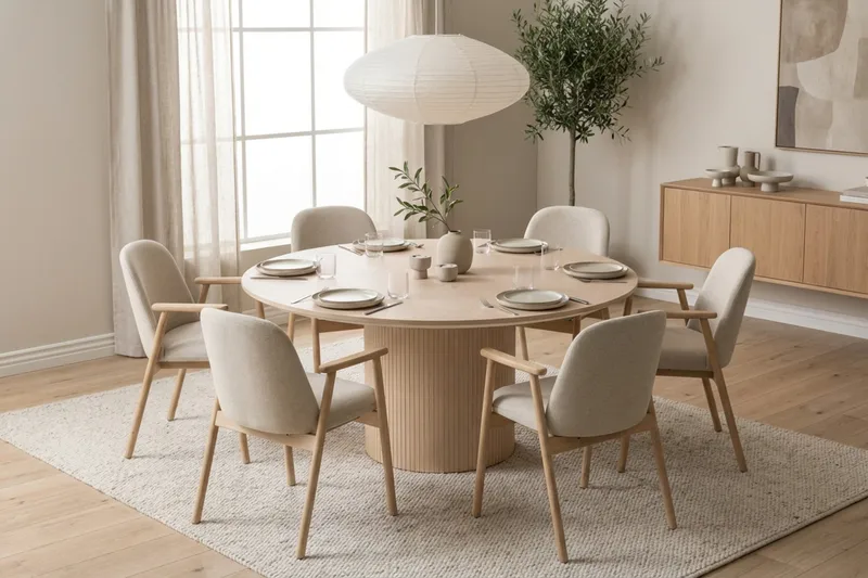 Kopparbo rundt spisebord 180 cm hvidlaseret med 6 Reciclar spisestole - Møbler - Borde - Spisebordssæt