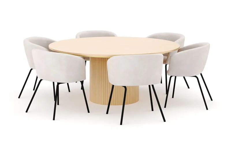 Kopparbo Rundt Spisebord 180 cm med 6 Berit Stole, Hvidlaseret