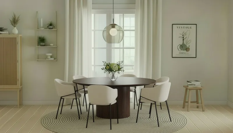 Kopparbo Rundt Spisebord 180 cm med 6 Filip Spisestole - Valnød / Hvid Bouclé - Møbler - Borde - Spisebordssæt