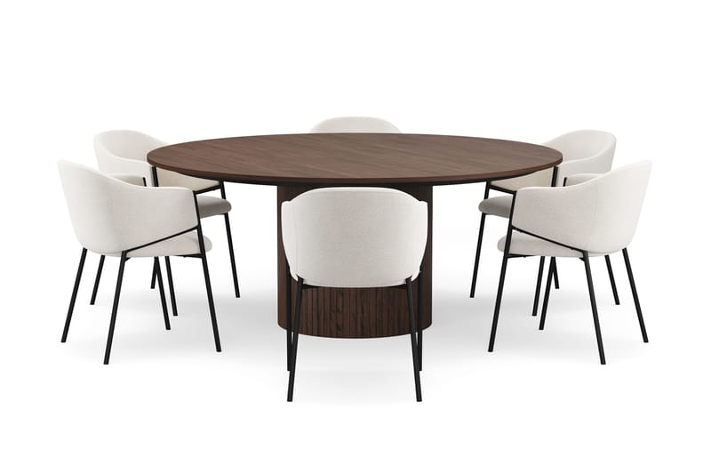 Kopparbo Rundt Spisebord 180 cm med 6 Filip Spisestole - Valnød / Hvid Bouclé - Møbler - Borde - Spisebordssæt