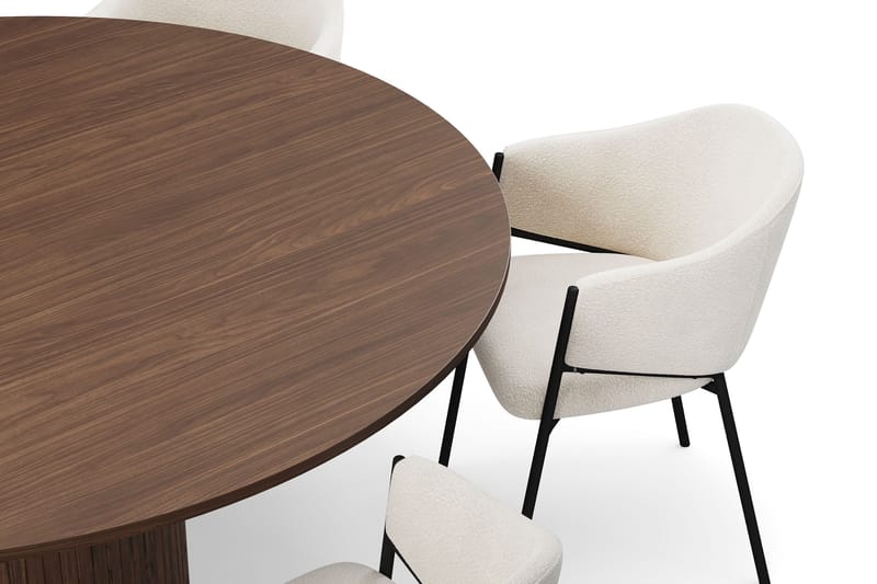 Kopparbo Rundt Spisebord 180 cm med 6 Filip Spisestole - Valnød / Hvid Bouclé - Møbler - Borde - Spisebordssæt