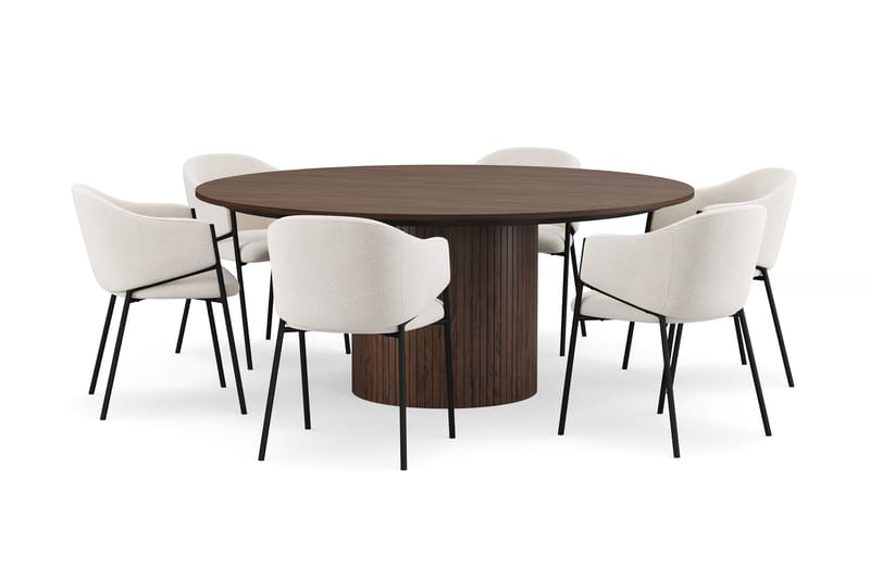 Kopparbo Rundt Spisebord 180 cm med 6 Filip Spisestole, Valnød / Hvid Bouclé