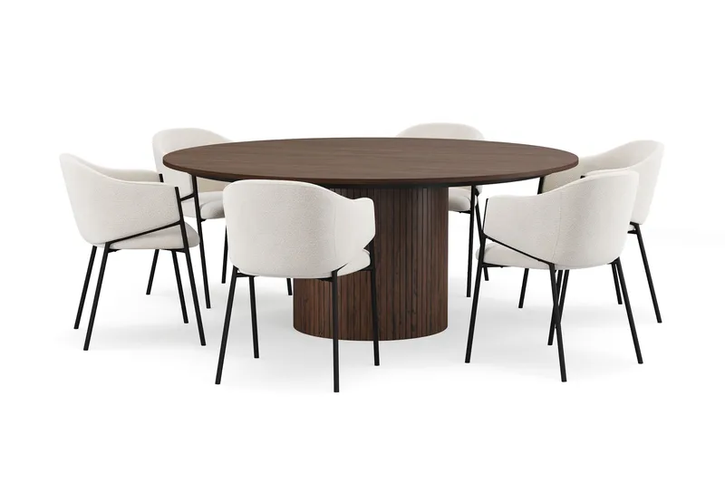 Kopparbo Rundt Spisebord 180 cm med 6 Filip Spisestole, Valnød / Hvid Bouclé
