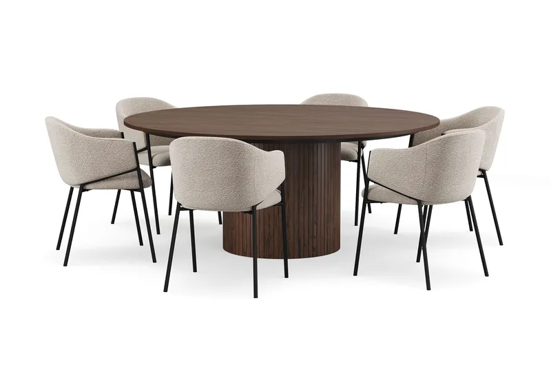 Kopparbo Rundt Spisebord 180 cm med 6 Filip Spisestole, Valnød / Taupe Bouclé
