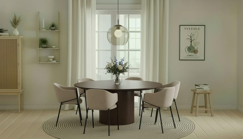 Kopparbo Rundt Spisebord 180 cm med 6 Filip Spisestole - Valnød / Taupe Bouclé - Møbler - Borde - Spisebordssæt