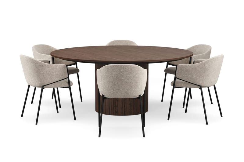 Kopparbo Rundt Spisebord 180 cm med 6 Filip Spisestole - Valnød / Taupe Bouclé - Møbler - Borde - Spisebordssæt