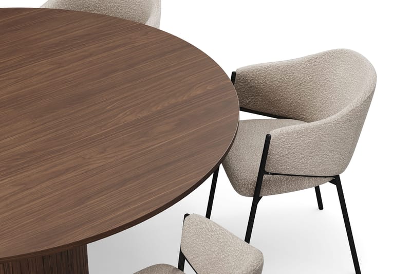 Kopparbo Rundt Spisebord 180 cm med 6 Filip Spisestole - Valnød / Taupe Bouclé - Møbler - Borde - Spisebordssæt