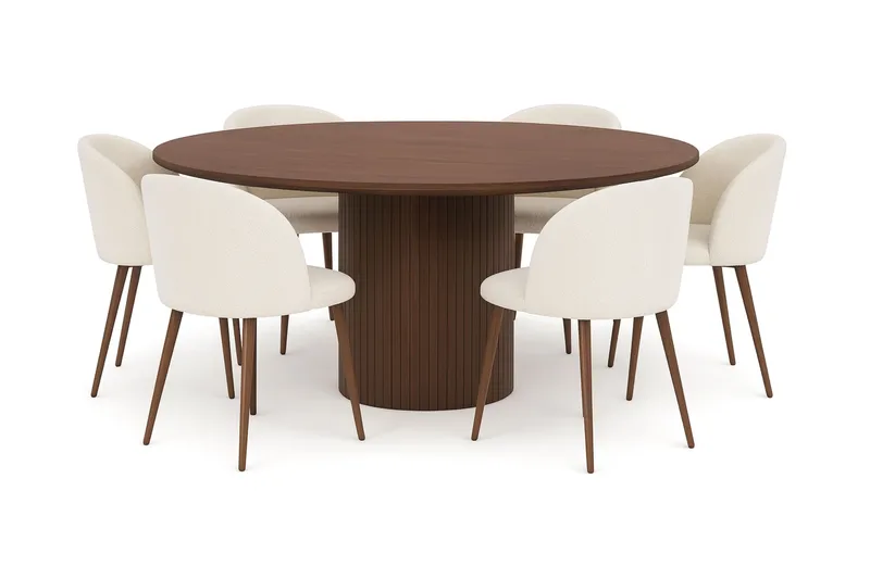 Kopparbo Rundt Spisebord 180 cm med 6 Greya Spisestole med armlæn, Valnød / Hvid Bouclé / Metalben Valnød