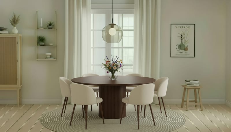 Kopparbo Rundt Spisebord 180 cm med 6 Greya Spisestole med armlæn - Valnød / Hvid Bouclé / Metalben Valnød - Møbler - Borde - Spisebordssæt