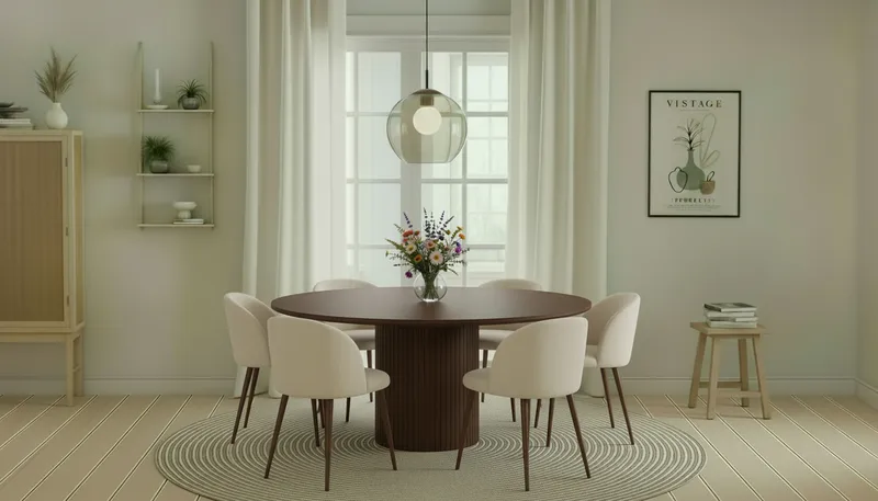 Kopparbo Rundt Spisebord 180 cm med 6 Greya Spisestole med armlæn - Valnød / Hvid Bouclé / Metalben Valnød - Møbler - Borde - Spisebordssæt