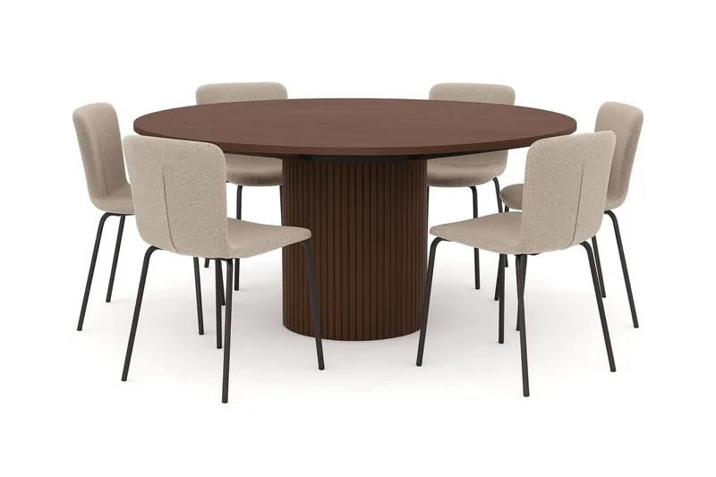 Kopparbo Rundt Spisebord 180 cm med 6 Katy Spisestole, Valnød / Greige Bouclé / Metalben Sort