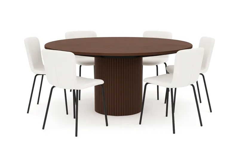 Kopparbo Rundt Spisebord 180 cm med 6 Katy Spisestole, Valn ød / Hvid Bouclé / Metalben Sort