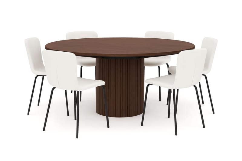 Kopparbo Rundt Spisebord 180 cm med 6 Katy Spisestole, Valnød / Hvid Bouclé / Metalben Sort