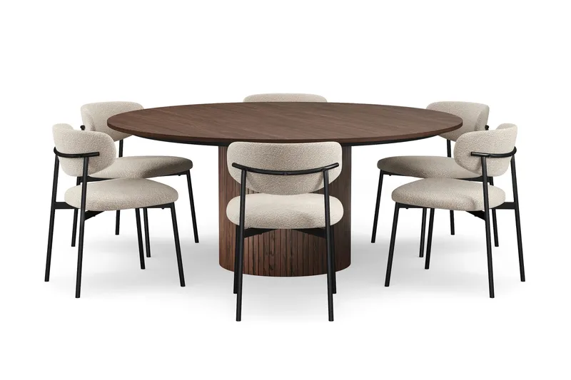 Kopparbo Rundt Spisebord 180 cm med 6 Lucy Spisestole, Valnød / Greige Bouclé / Metalben Sort