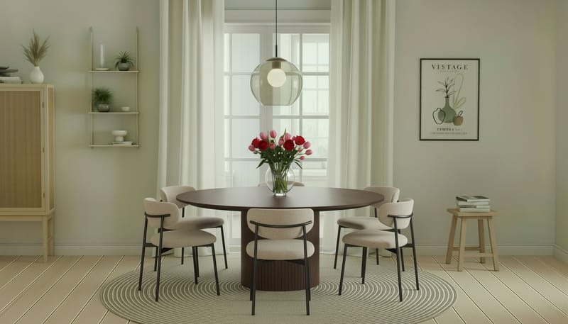 Kopparbo Rundt Spisebord 180 cm med 6 Lucy Spisestole - Valnød / Greige Bouclé / Metalben Sort - Møbler - Borde - Spisebordssæt