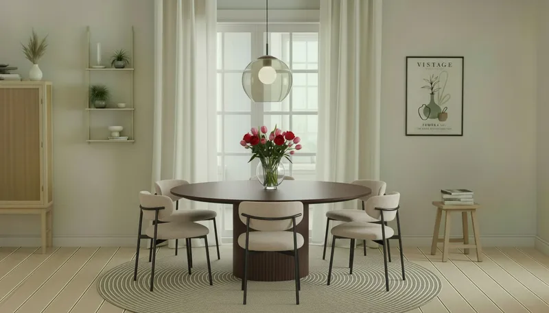 Kopparbo Rundt Spisebord 180 cm med 6 Lucy Spisestole - Valnød / Greige Bouclé / Metalben Sort - Møbler - Borde - Spisebordssæt