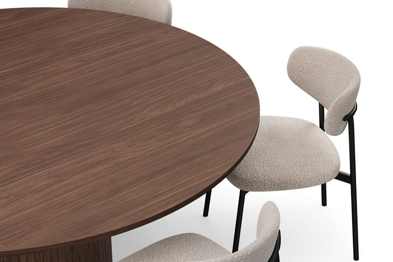 Kopparbo Rundt Spisebord 180 cm med 6 Lucy Spisestole - Valnød / Greige Bouclé / Metalben Sort - Møbler - Borde - Spisebordssæt