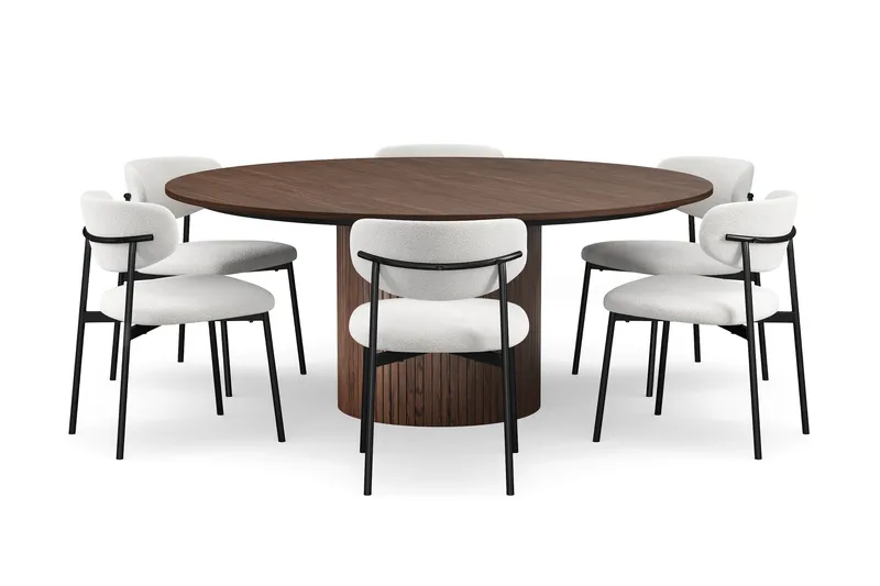 Kopparbo Rundt Spisebord 180 cm med 6 Lucy Spisestole, Valnød / Hvid Bouclé / Metalben Sort