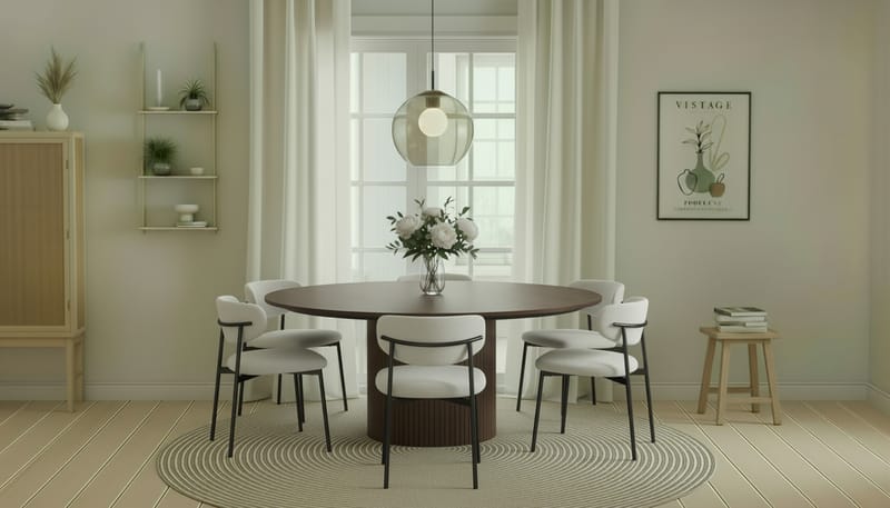 Kopparbo Rundt Spisebord 180 cm med 6 Lucy Spisestole - Valnød / Hvid Bouclé / Metalben Sort - Møbler - Borde - Spisebordssæt