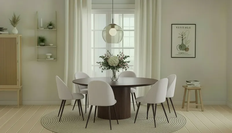 Kopparbo Rundt Spisebord 180 cm med 6 Nibe Plus Spisestole - Valnød / Hvid Bouclé / Metalben Valnød - Møbler - Borde - Spisebordssæt