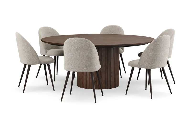 Kopparbo Rundt Spisebord 180 cm med 6 Nibe Plus Spisestole, Valnød / Greige Bouclé / Metalben Valnød