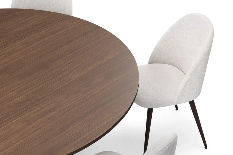 Kopparbo Rundt Spisebord 180 cm med 6 Nibe Plus Spisestole - Valnød / Hvid Bouclé / Metalben Valnød - Møbler - Borde - Spisebordssæt