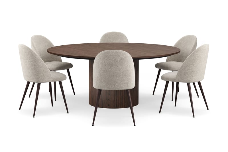 Kopparbo Rundt Spisebord 180 cm med 6 Nibe Plus Spisestole - Valnød / Greige Bouclé / Metalben Valnød - Møbler - Borde - Spisebordssæt