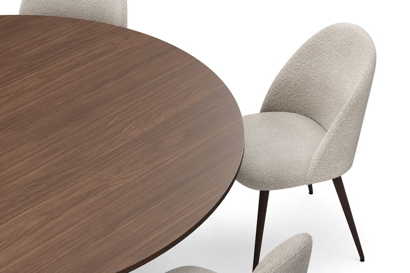Kopparbo Rundt Spisebord 180 cm med 6 Nibe Plus Spisestole - Valnød / Greige Bouclé / Metalben Valnød - Møbler - Borde - Spisebordssæt