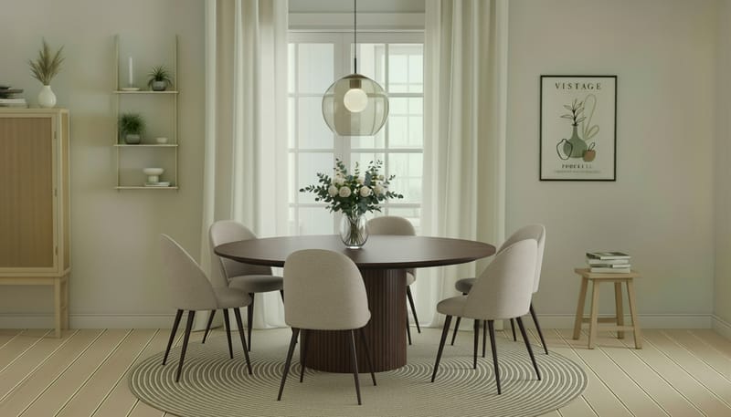 Kopparbo Rundt Spisebord 180 cm med 6 Nibe Plus Spisestole - Valnød / Greige Bouclé / Metalben Valnød - Møbler - Borde - Spisebordssæt