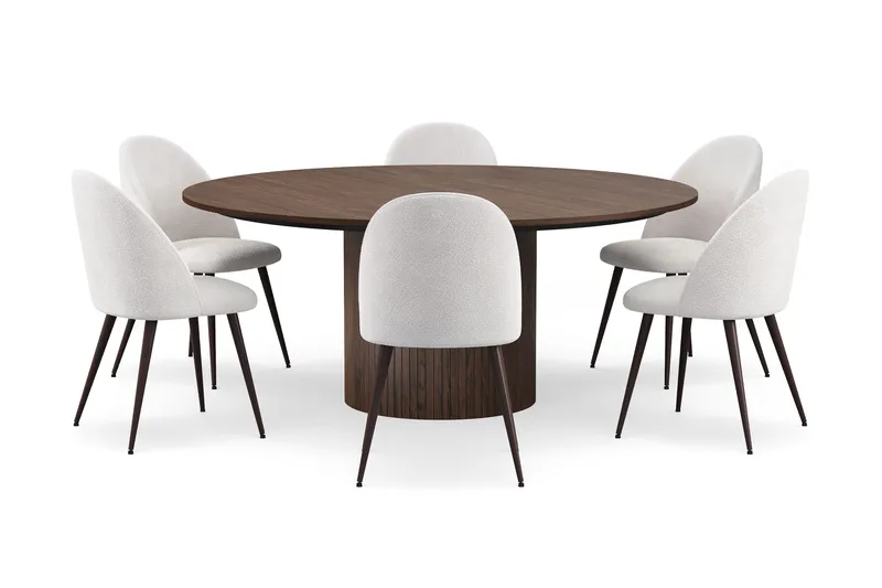 Kopparbo Rundt Spisebord 180 cm med 6 Nibe Plus Spisestole - Valnød / Hvid Bouclé / Metalben Valnød - Møbler - Borde - Spisebordssæt