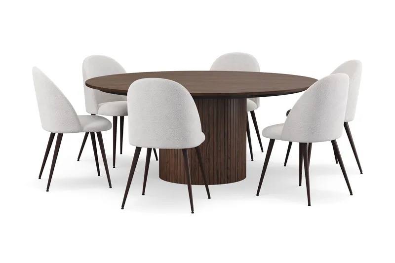 Kopparbo Rundt Spisebord 180 cm med 6 Nibe Plus Spisestole, Valnød / Hvid Bouclé / Metalben Valnød