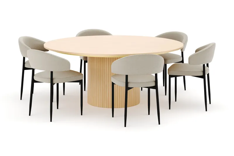 Kopparbo Rundt Spisebord 180 cm med 6 Sawako Stole, Hvidlaseret