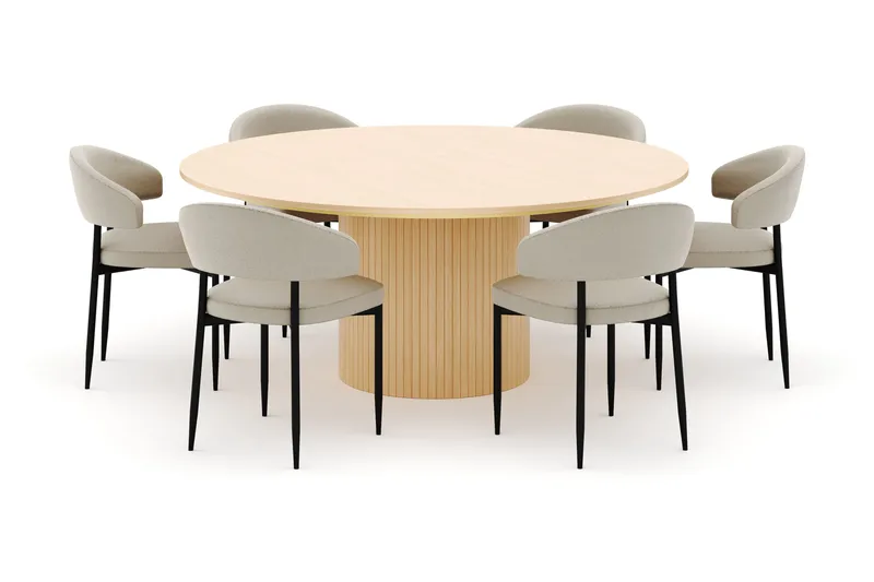 Kopparbo Rundt Spisebord 180 cm med 6 Sawako Stole - Hvidlaseret - Møbler - Borde - Spisebordssæt