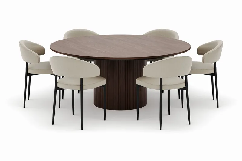 Kopparbo Rundt Spisebord 180 cm med 6 Sawako Stole - Valnød - Møbler - Borde - Spisebordssæt