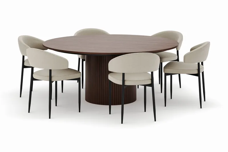 Kopparbo Rundt Spisebord 180 cm med 6 Sawako Stole - Valnød - Møbler - Borde - Spisebordssæt