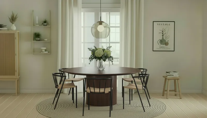 Kopparbo Rundt Spisebord 180 cm med 6 Winston Spisestole - Valnød / Beige / Metalben Sort - Møbler - Borde - Spisebordssæt