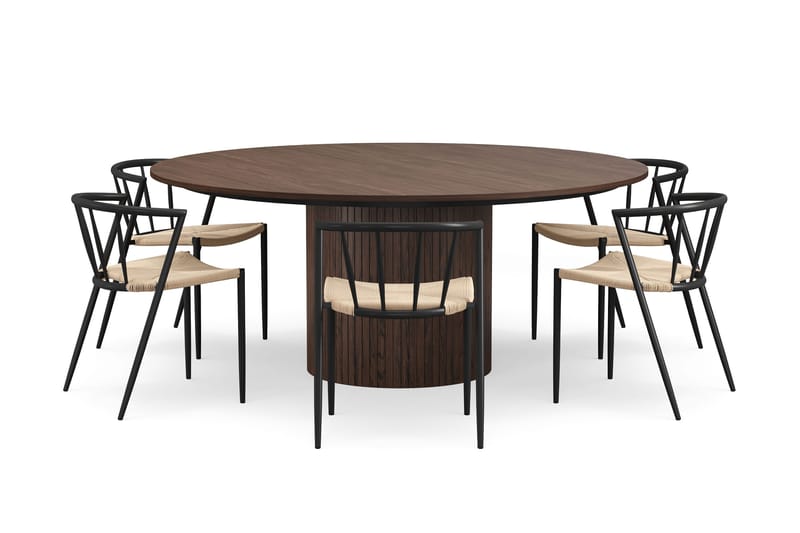 Kopparbo Rundt Spisebord 180 cm med 6 Winston Spisestole - Valnød / Beige / Metalben Sort - Møbler - Borde - Spisebordssæt