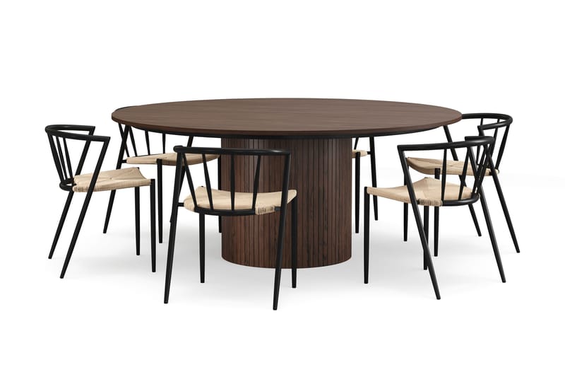 Kopparbo Rundt Spisebord 180 cm med 6 Winston Spisestole, Valnød / Beige / Metalben Sort