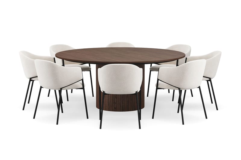 Kopparbo Rundt Spisebord 180 cm med 8 Filip Spisestole - Valnød / Hvid Bouclé - Møbler - Borde - Spisebordssæt