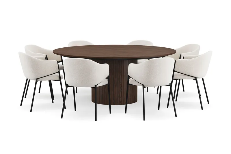 Kopparbo Rundt Spisebord 180 cm med 8 Filip Spisestole - Valnød / Hvid Bouclé - Møbler - Borde - Spisebordssæt
