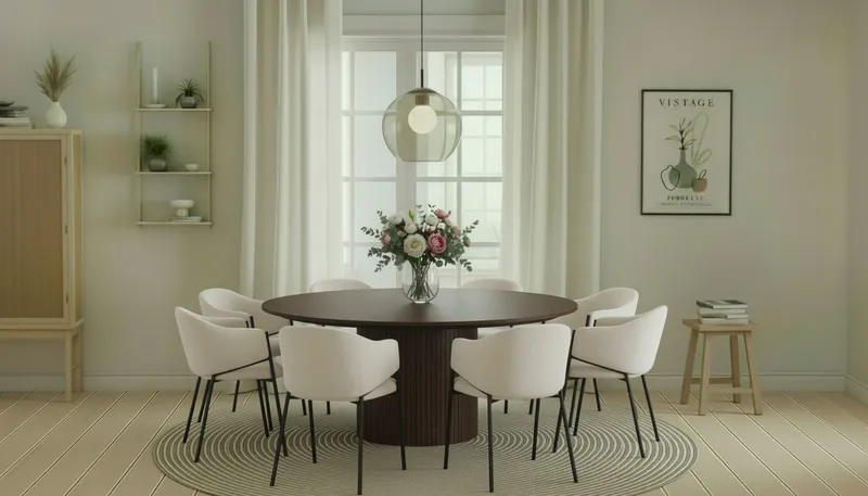 Kopparbo Rundt Spisebord 180 cm med 8 Filip Spisestole - Valnød / Hvid Bouclé - Møbler - Borde - Spisebordssæt