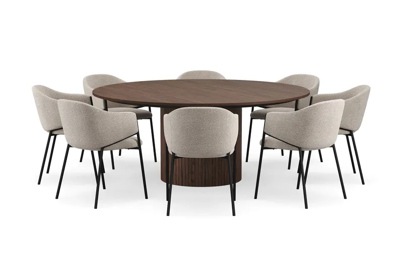 Kopparbo Rundt Spisebord 180 cm med 8 Filip Spisestole - Valnød / Taupe Bouclé - Møbler - Borde - Spisebordssæt