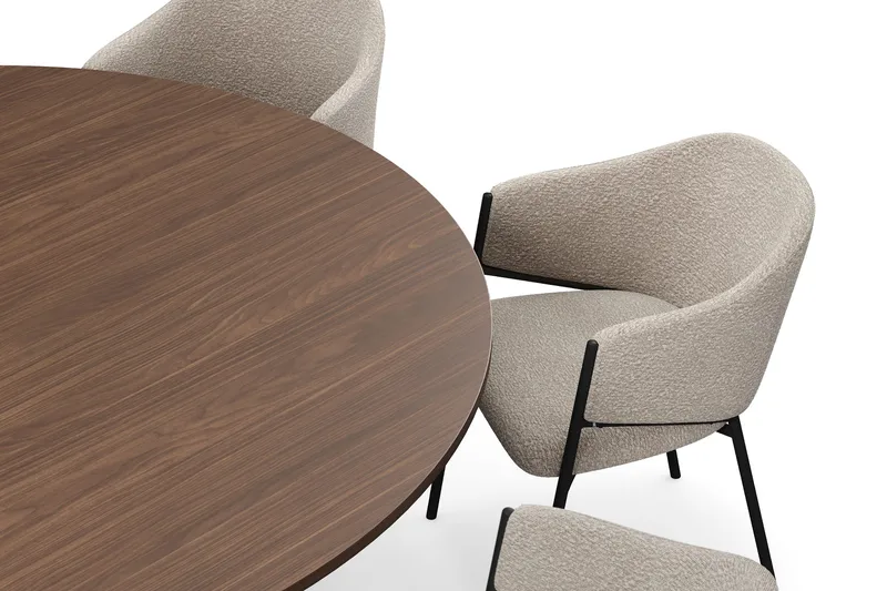 Kopparbo Rundt Spisebord 180 cm med 8 Filip Spisestole - Valnød / Taupe Bouclé - Møbler - Borde - Spisebordssæt