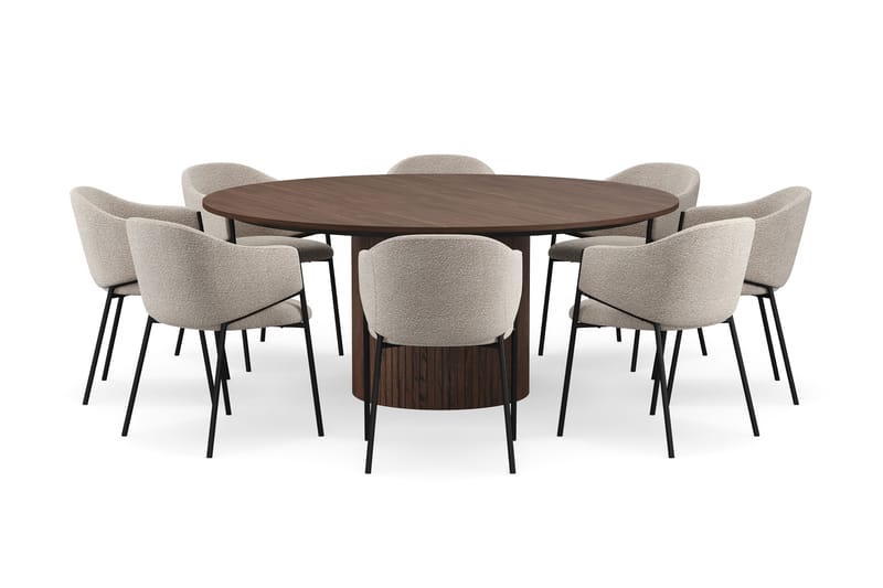 Kopparbo Rundt Spisebord 180 cm med 8 Filip Spisestole - Valnød / Taupe Bouclé - Møbler - Borde - Spisebordssæt