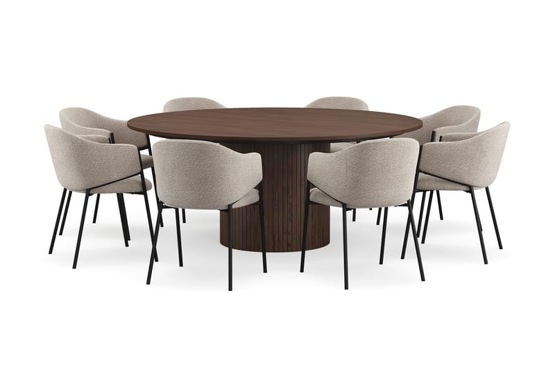 Kopparbo Rundt Spisebord 180 cm med 8 Filip Spisestole, Valnød / Taupe Bouclé