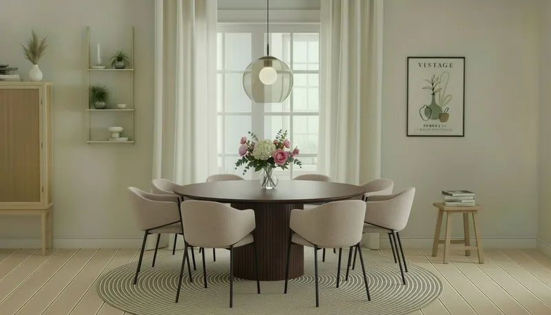 Kopparbo Rundt Spisebord 180 cm med 8 Filip Spisestole - Valnød / Taupe Bouclé - Møbler - Borde - Spisebordssæt